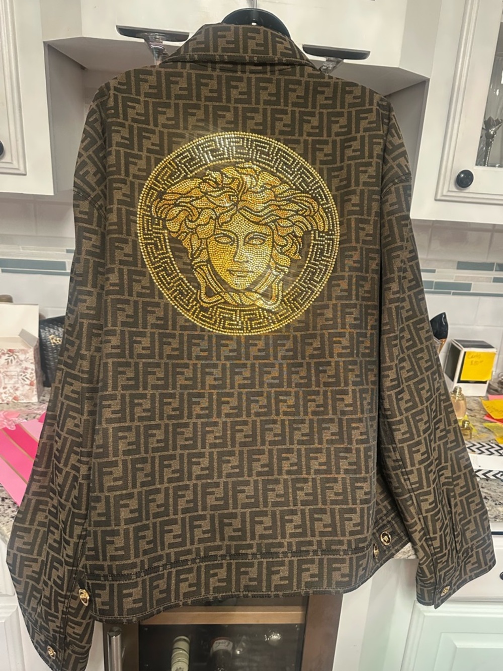 Fendace Brown and Gold FF Monogram Jacket with Medusa Patch. Fendi + Versace